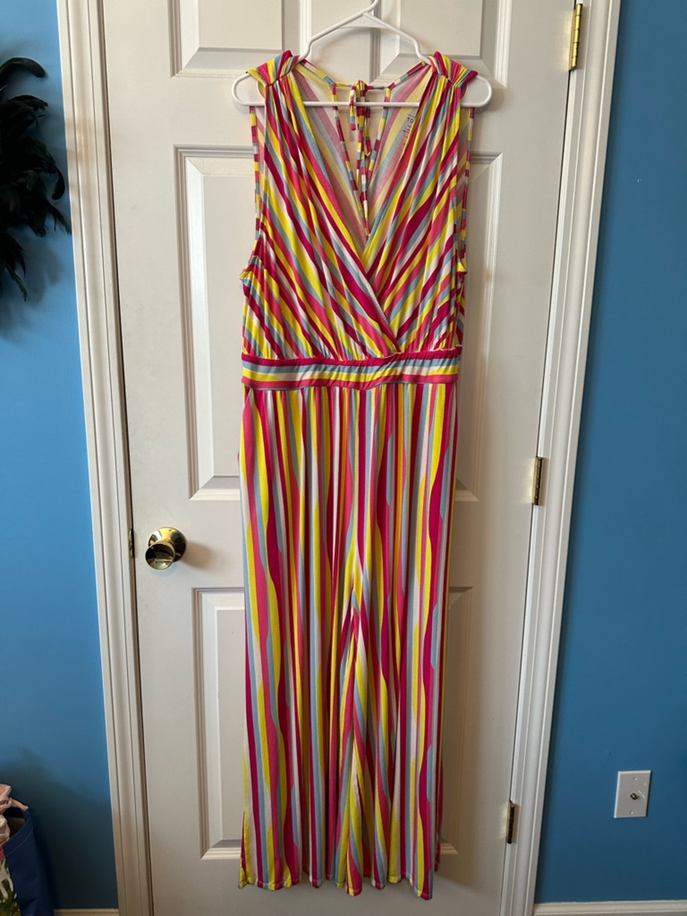 EUC womens Torrid Super Soft Surplice Striped Jumpsuit in Pink, Yellow Sz 3